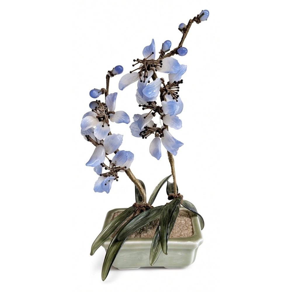 Vtg Handcrafted Glass Bonsai Floral Sculpture, Blue Flowers, Ceramic Pot, FLAW